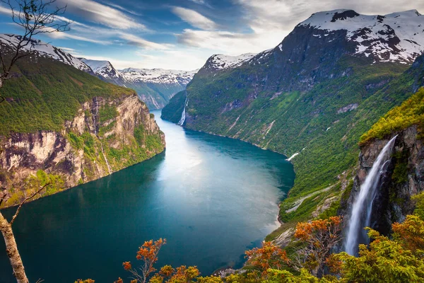 Geiranger Fjord Seven Sisters Waterfalls More Romsdal Norway Northern Europe — Zdjęcie stockowe