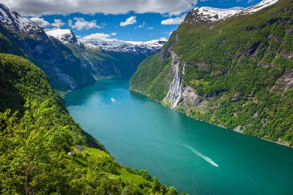 Geiranger fjord and Seven Sisters Waterfalls in More og Romsdal, Norway, Northern Europe