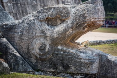 Chichen Itza kukulcan snake with lizard reptile in the open mouth, Ancient Mayan civilization, Mexico
