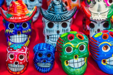 Colorful skulls souvenirs for day of the dead celebration, Cancun, Mexico