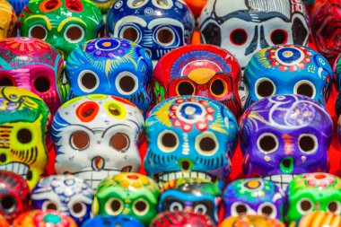 Colorful skulls souvenirs for day of the dead celebration, Cancun, Mexico