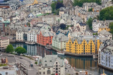 Alesund Sea port harbor from above at peaceful sunrise, Norway, Scandinavia