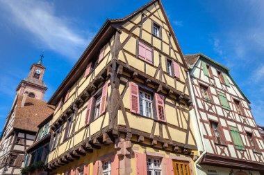 Riquewihr beautiful alsatian architecture at springtime with flowers, Eastern France