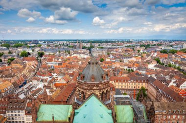 Strasbourgs roofs pattern from above gothic cathedral of our lady, Alsace, Eastern France