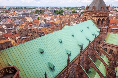 Strasbourgs roofs pattern from above gothic cathedral of our lady, Alsace, Eastern France