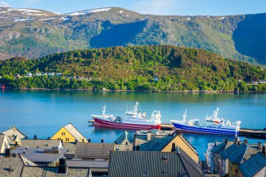 Alesund Sea port harbor with ships at peaceful dawn, Norway, Scandinavia