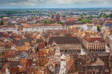 Strasbourgs roofs pattern from above gothic cathedral of our lady, Alsace, Eastern France