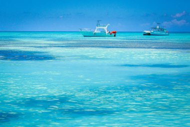 Tropical paradise: idyllic caribbean beach with sailboat, Punta Cana, Dominican Republic