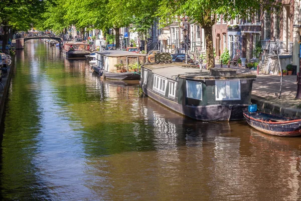 Amsterdam canal with houseboats and dutch architecture at sunrise, Netherlands