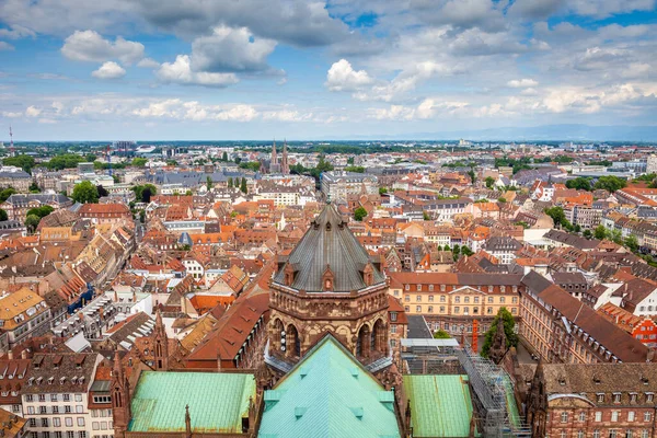 Strasbourgs roofs pattern from above gothic cathedral of our lady, Alsace, Eastern France