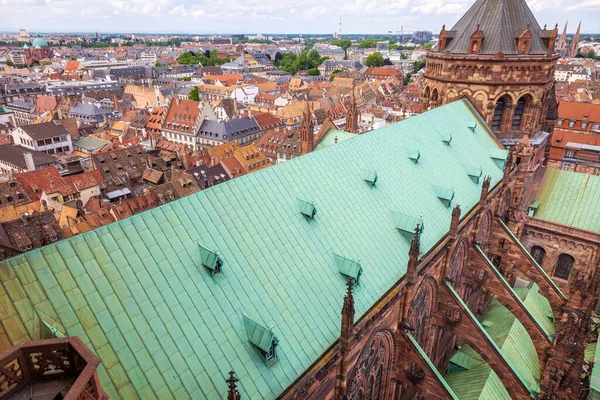 Strasbourgs roofs pattern from above gothic cathedral of our lady, Alsace, Eastern France