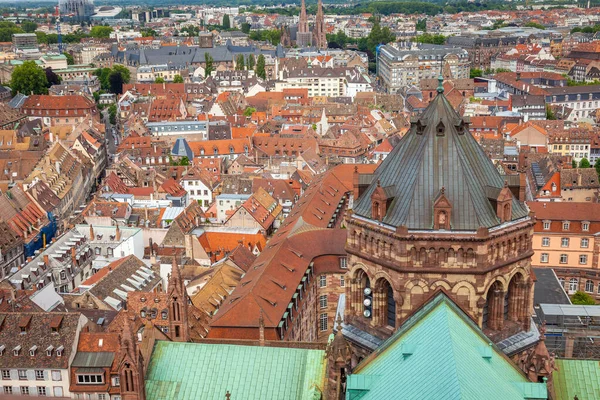 Strasbourgs roofs pattern from above gothic cathedral of our lady, Alsace, Eastern France