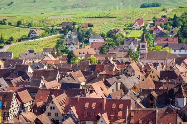 Riquewihr beautiful alsatian architecture at springtime with vineyards, Eastern France