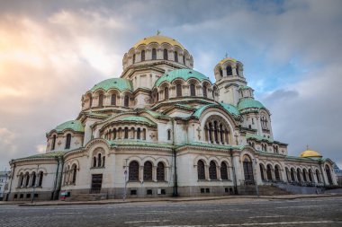 St. Alexander Nevski Cathedral in Sofia at dramatic sunset, Bulgaria, Eastern Europe