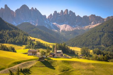 Idyllic St. Magdalena village with famous church in Val di Funes, Dolomites, Northern Italy