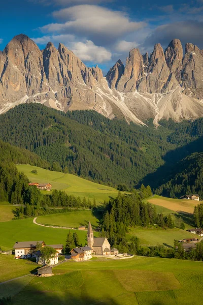 Magdalena Village Famous Church Val Funes Sunset Dolomites Italy — Photo