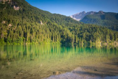 Idyllic Lake Tovel reflection symmetry in Trentino-Alto Adige, Italy