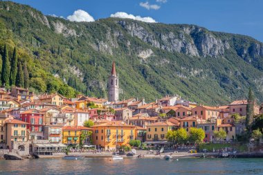 Idyllic Varenna skyline from Lake Como at sunset, Northern Italy