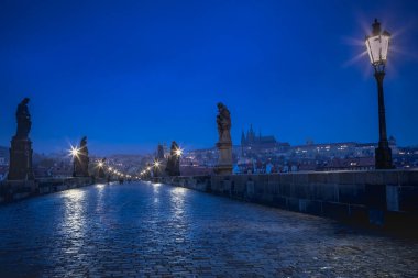 Charles bridge illuminated at night, Prague old town, Czech Republic