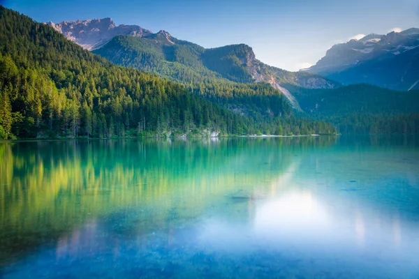 Idyllic Lake Tovel Reflection Symmetry Trentino Alto Adige Italy — Zdjęcie stockowe