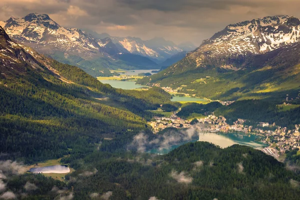 Celerina Och Engadine Lakes Moritz Silvaplana Och Maloja Ovanifrån Muottas — Stockfoto