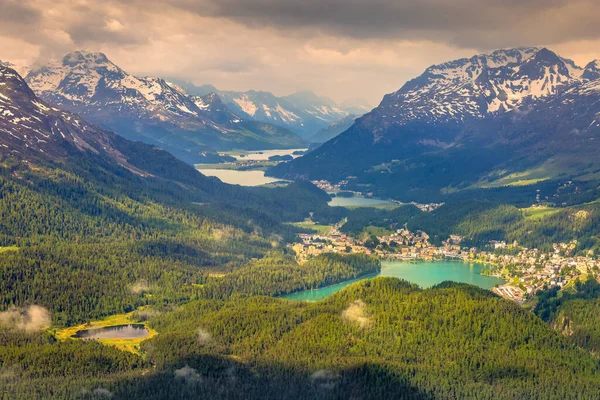 Celerina Och Engadine Lakes Moritz Silvaplana Och Maloja Ovanifrån Muottas — Stockfoto