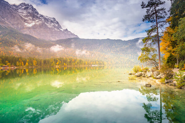 Eibsee lake with Zugspitze mountain range, German Alps, Bavaria, Garmisch-Partenkirchen, Germany