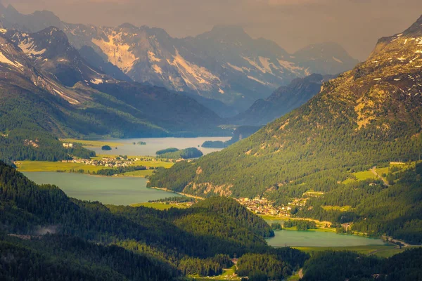 Celerina Och Engadine Lakes Moritz Silvaplana Och Maloja Ovanifrån Muottas — Stockfoto