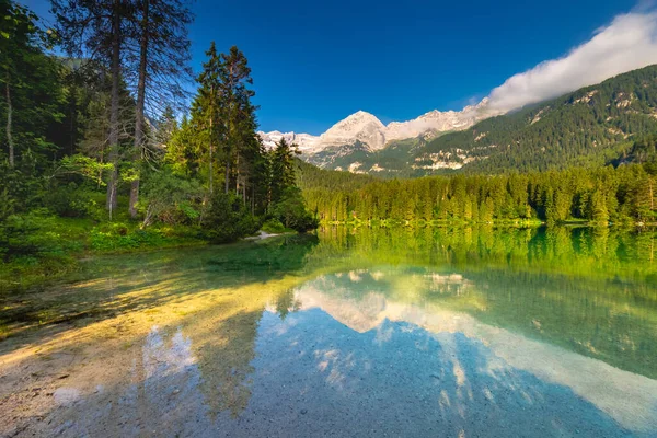 Idyllic Lake Tovel Reflection Symmetry Trentino Alto Adige Italy — Zdjęcie stockowe