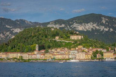 Bellagio skyline view from Lake Como at golden sunset, northern Italy