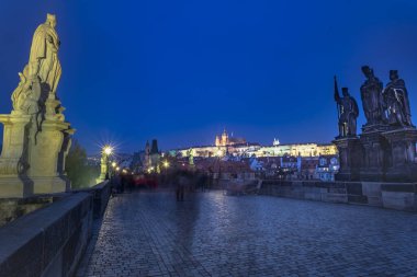 Charles bridge illuminated at night, Prague old town, Czech Republic