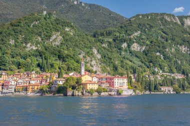 Idyllic Varenna skyline from Lake Como at sunset, Northern Italy