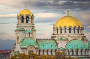 St. Alexander Nevski Cathedral in Sofia at dramatic sunset, Bulgaria, Eastern Europe