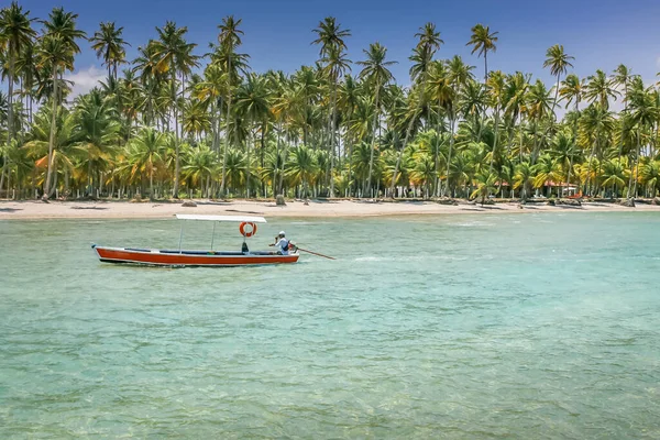 Paraíso Tropical Playa Idílica Carneiros Con Barco Rústico Día Soleado —  Fotos de Stock