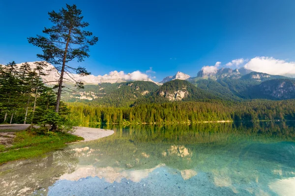 Idyllic Lake Tovel reflection symmetry in Trentino-Alto Adige, Italy