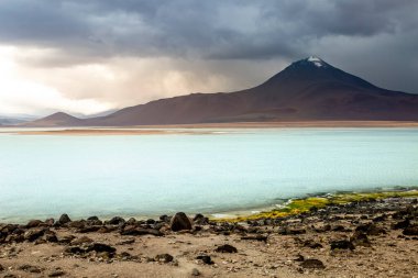 Laguna Blanca, Bolivya, Güney Amerika 'daki Altiplano' da dramatik gökyüzünde beyaz bir göl.