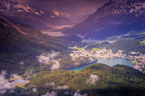 Celerina Och Engadine Lakes Moritz Silvaplana Och Maloja Ovanifrån Muottas — Stockfoto