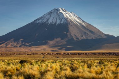 Gündoğumunda Licancabur volkanı, San Pedro de Atacama, Çöl kurak arazisi, Şili, Güney Amerika
