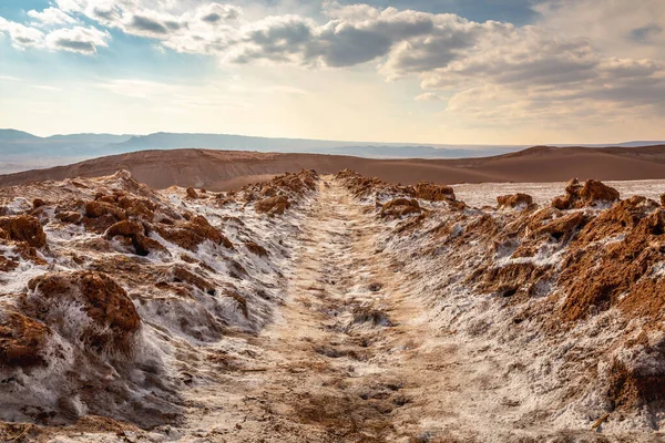 Dirt salt road in Atacama desert, moon valley arid landscape in Chile, South America