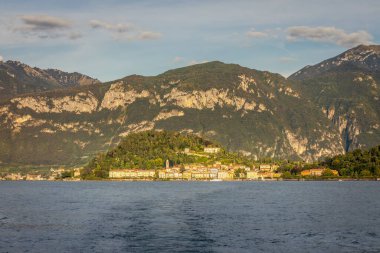 Bellagio skyline view from Lake Como at golden sunset, northern Italy