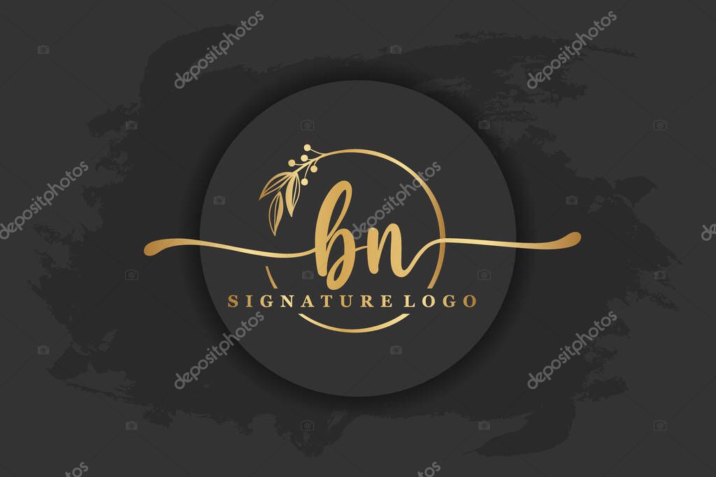 Golden signature logo for initial letterLetter bn. Handwriting vector illustration image