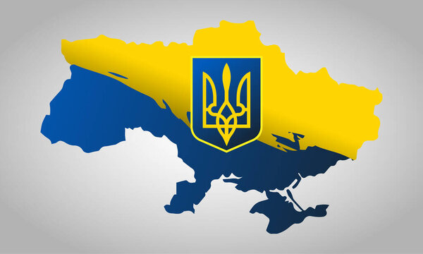 Ukrainian flag and coat of arms "Independence day of Ukraine. 24th of August". Banner for peace and against war in Ukraine. Vector illustration.