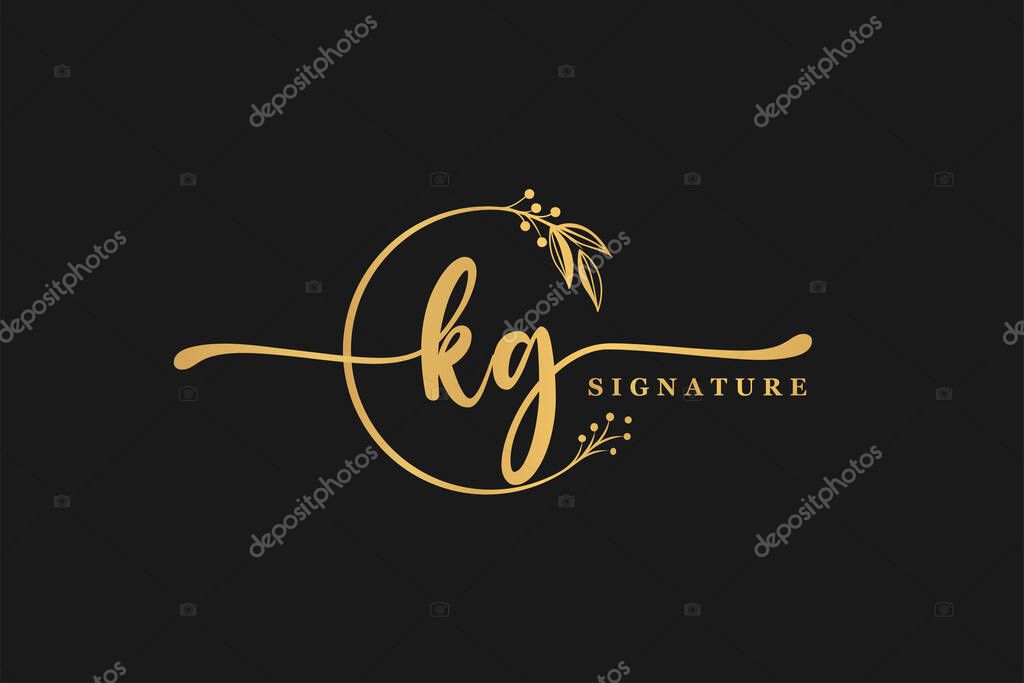 Luxury gold signature initial K G logo design isolated leaf and flower