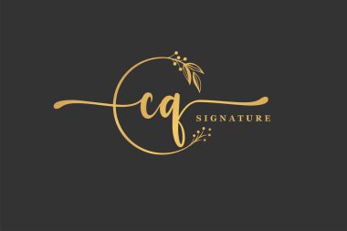 luxury gold signature initial C Q logo design isolated leaf and flower