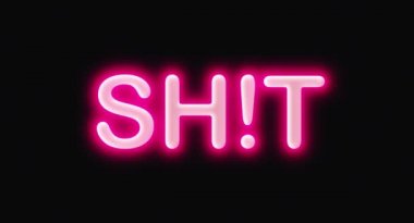 Shit flashing word with exclamation point red neon light inscription isolated on black