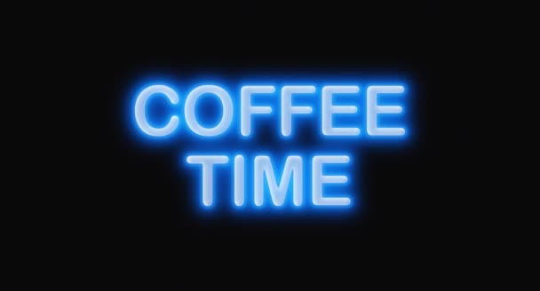 Koffie tijd helder blauw neon glinsterende knipperende zin animatie motion design geïsoleerd op zwart — Stockvideo