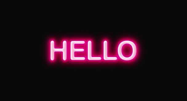 Fényes neon ragyogás csillogó helló szó üdvözlés elszigetelt fekete háttér üzenet szöveg — Stock videók