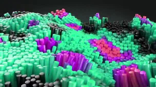 Φωτεινό τρισδιάστατο κυλινδροσκιέρ κύμα πράσινο βιολετί ροζ τυχαία δομή 3d σχεδιασμό κίνησης — Αρχείο Βίντεο