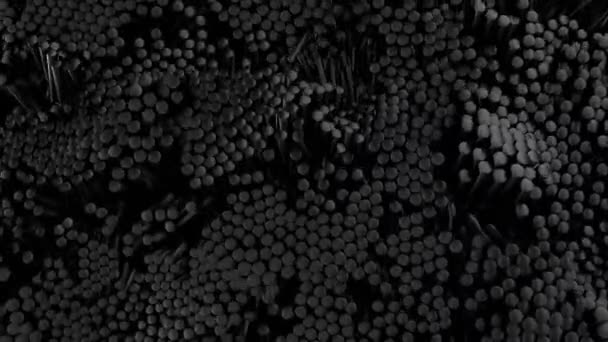 Zwarte cilinder schaduw golf glanzende pilaren extrusie visueel effect bovenaanzicht 3D grafische animatie Stockvideo's