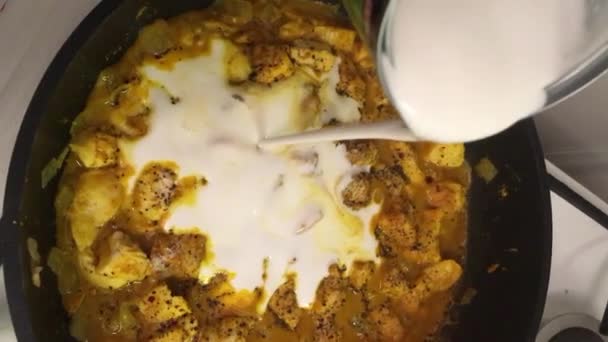 POV Verticale video Indian Food Indiase voorbereiding masala voedsel Een roerbakmaaltijd wordt bereid in een hotel of restaurant keuken Het toevoegen van room aan een pot Rechtenvrije Stockvideo